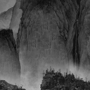 Yang Yongliang, Artificial wonderland II – Travelers Among Mountains and Steams, 2014, Giglee print on lightbox, 300 x 150 cm