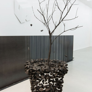 Seon-Ghi Bahk, An Aggregation, 2013, Charbon et fils de nylon, 300 x 60 x 60 cm