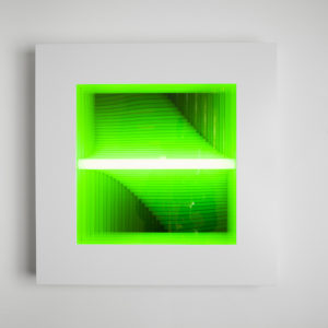 Chul-Hyun Ahn, Forked Series #34, 2015, Plywood, fluorescent lights, mirrors, 54 x 54 x 11 cm