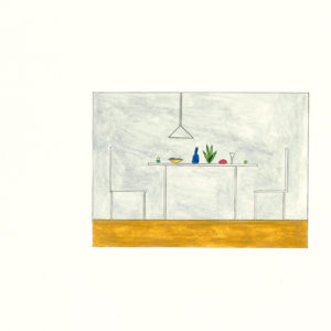 Carlos Alfonso, Table scene 1, 2018, dessin de la serie Of Encounters, crayon sur papier, 28,5cm x 20cm