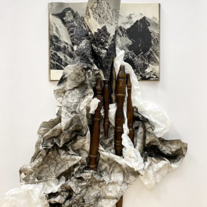 Lucia Tallová, Mountains between us, 2021, Collage, wood, painting on paper, book and oak wood frame, 124 x 94 x 8 cm