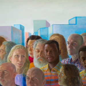Marion Bataillard, Mensch Mensch Mensch, 2020-2021, Tempera on wooden panel, 80 x 160 cm. Private collection.