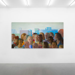 Marion Bataillard, Mensch Mensch Mensch, 2020-2021, tempera on wooden panel, 80 x 160 cm. Private collection