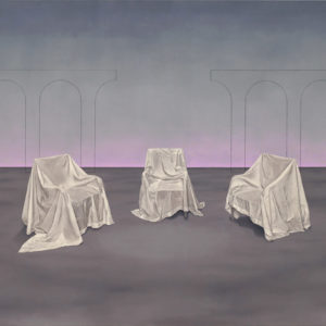 Mathilde Lestiboudois – Fauteuils et drapés version 3, 2022. Huile sur toile, 130 x170 cm