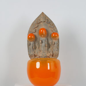 Qi Zhuo, Bubble-Game #42, 2022, stone sculpture and blown glass, 82.5 x 38 x 36 cm