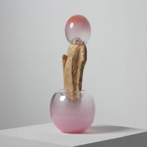 Qi Zhuo, Bubble-Game #40, 2022, stone sculpture and blown glass, 40.5 x 15.7 x 16 cm