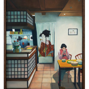 Dorian Cohen, Le restaurant Sushi Yaki, 2022, Huile sur bois, 40×30 cm