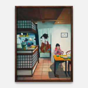 Dorian Cohen, Le restaurant Sushi Yaki, 2022, huile sur bois – encadrement chêne teinté, 40 x 30 cm. Photo: Suzan Brun