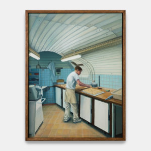 Dorian Cohen, Le tourier d’Union Boulangerie Pâtisserie, 2022, oil on wood – stained oak frame, 40 x 30 cm. Photo Suzan Brun
