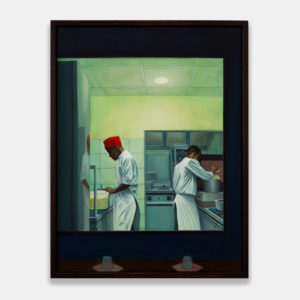 Dorian Cohen, Les cuisiniers du restaurant BMK Paris-Bamako, 2022, oil on wood – stained oak frame, 30 x 40 cm. Photo Suzan Brun