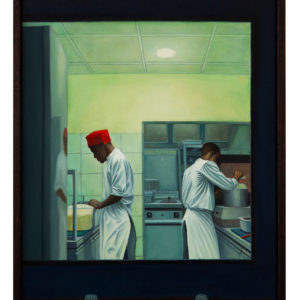 Dorian Cohen, Les cuisiniers du restaurant BMK Paris-Bamako, 2022, Huile sur bois, 30 x 40 cm