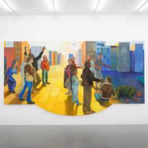 Marion Bataillard, Place de la Réunion, 2023, tempera on wooden panel, 213 x 400 cm​