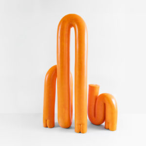 Bence Magyarlaki, BODY SCHEMA: (Non)Violent Protectors “The Rhythm of Codependence on a Singular Orange Note”, 2022, jesmonite, fiberglass, pigment, polyurethane, metal, 170 x 100 x 40 cm