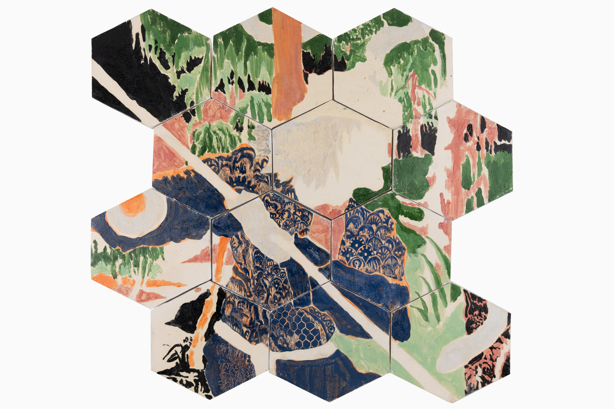 Arnaud Rochard, Chasseur, céramique et engobe emaillée, 60 x 60cm, 2019, Courtesy PARIS-B