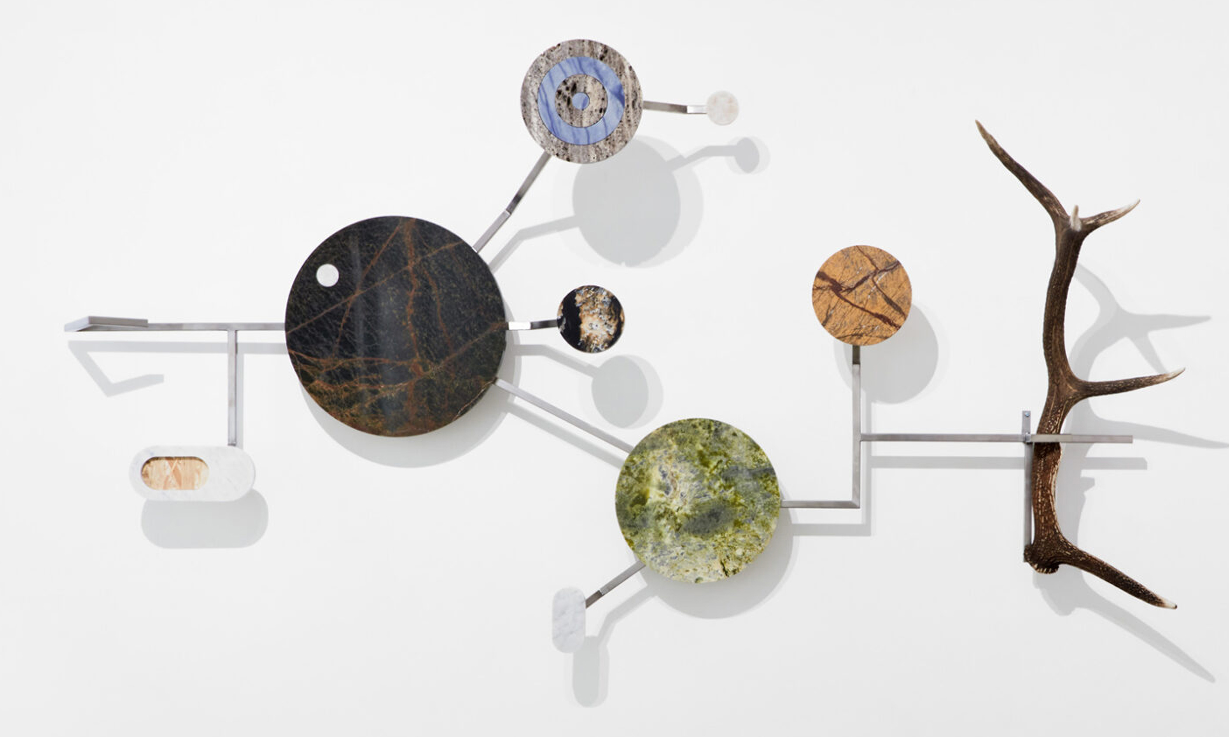 Ádám Albert, Map, 2023, stainless steel, antler, marble, marble inlay, 120 x 210 x 15 cm