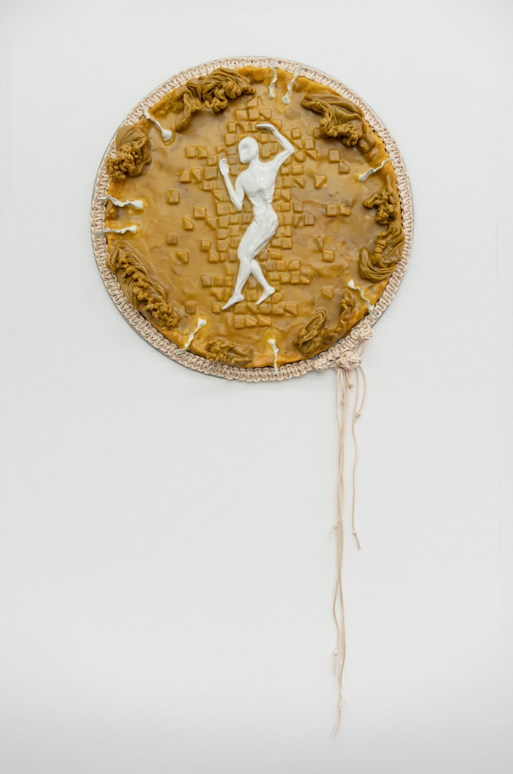 Gideon Horváth, Unsung Tales VIII, 2025 Iron, beeswax, porcelain, silk macramé, 60 x 60 x 8 cm