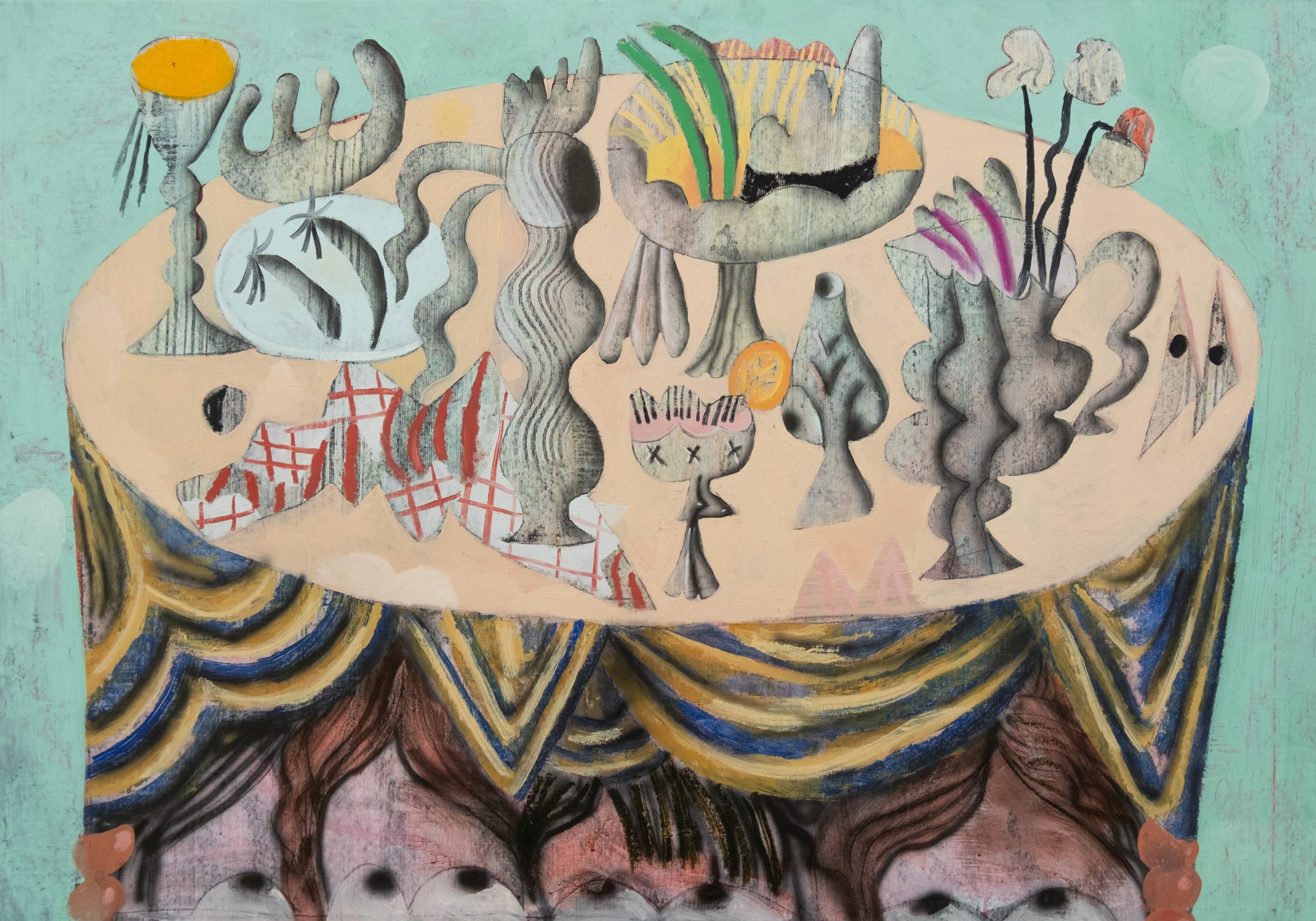 József Csató, After the Banquet, 2025, oil and acrylic on canvas, 105 x 150 cm