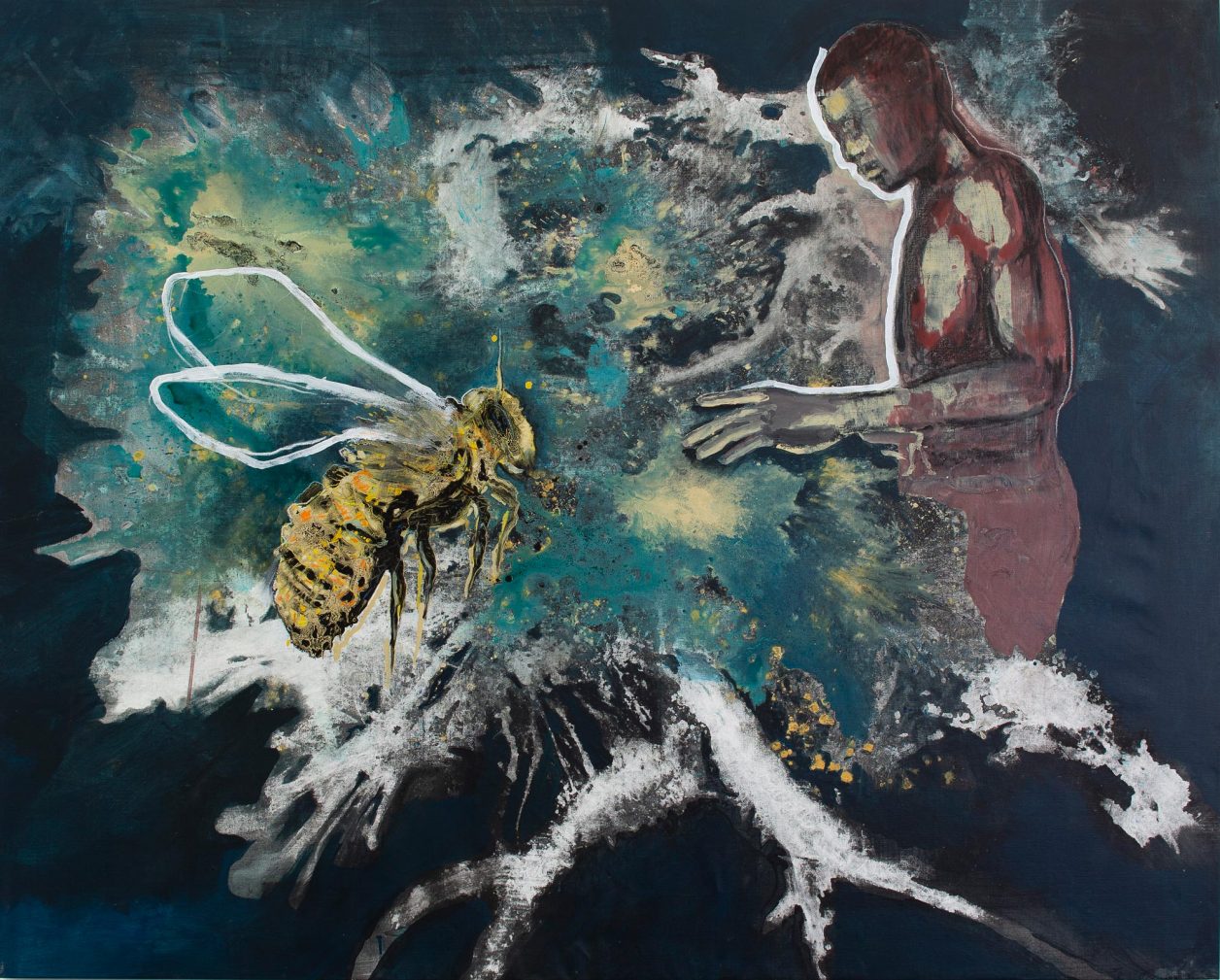 Sans titre, L'homme et l'abeille, 2024
Acrylique sur toile
200 x 160 cm