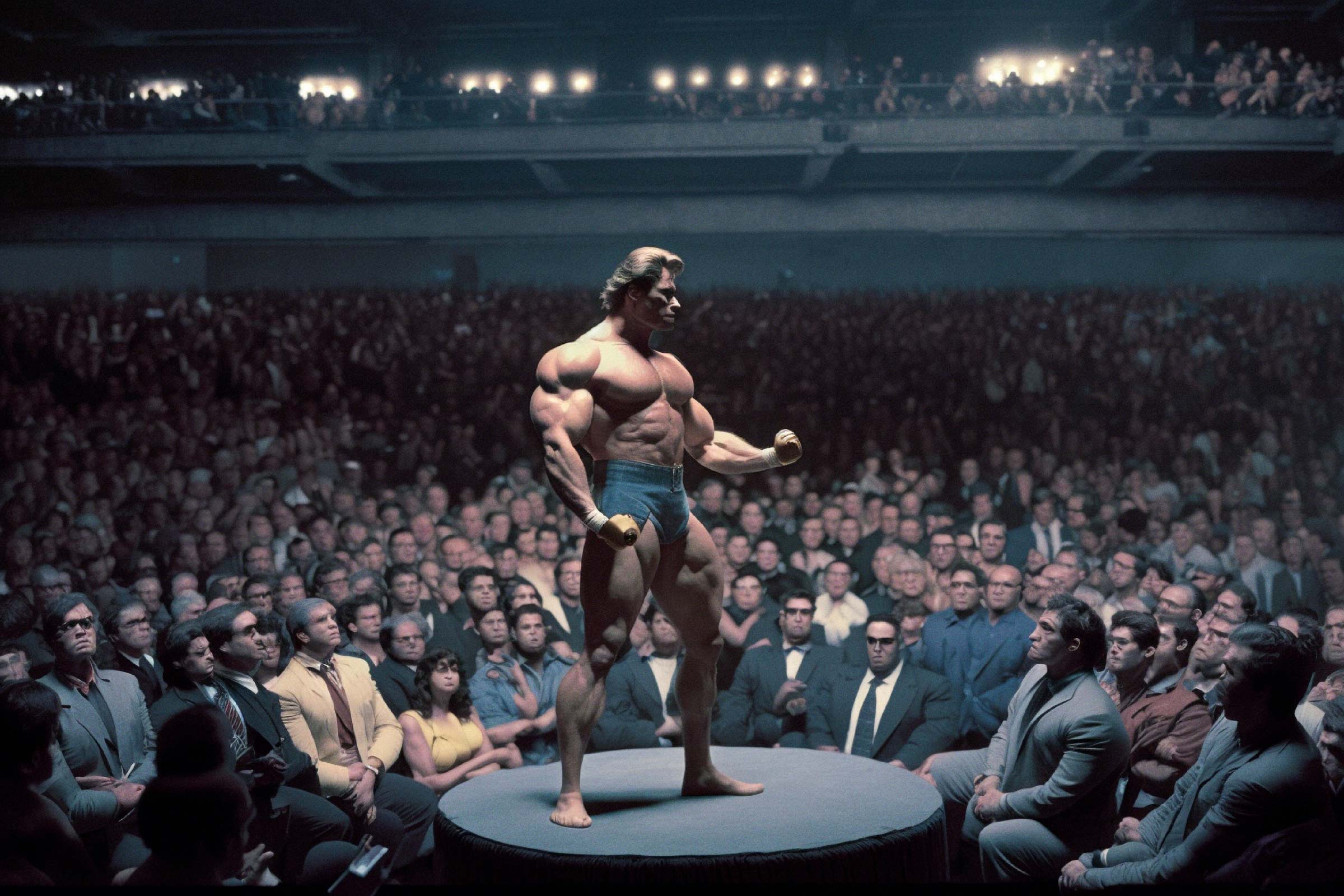 Brodbeck-&-de-Barbuat,-Etude-d’après-Elliot-Erwitt,-Arnold-Schwarzenegger-at-the-Whitney-Museum,-New-York-City,-1976---2022-PARIS-B